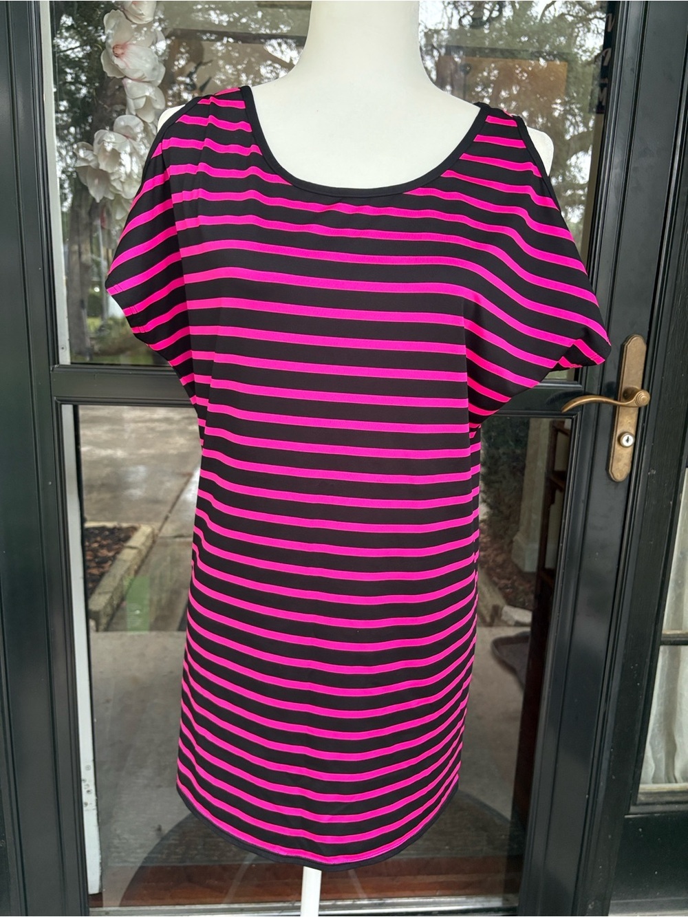 Michael Kors Open Shoulder Striped Shift Dress
